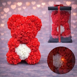 Ursulet floral 25 cm, cu LED-uri luminoase, trandafiri spuma cu inima alba, in cutie cadou, Rosu