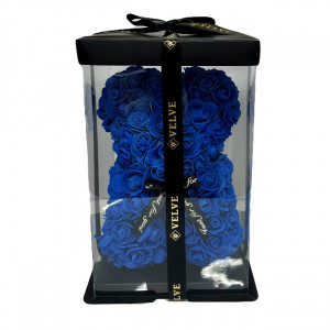 Ursulet floral cu trandafiri din spuma, 25 cm, decorat manual, cutie cadou, Albastru - Img 4