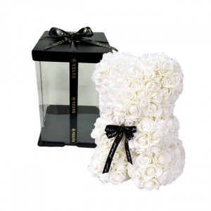Ursulet floral cu trandafiri din spuma, 25 cm, decorat manual, cutie cadou, Alb - Img 6