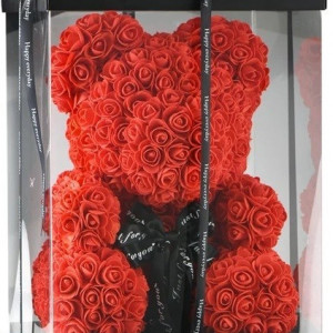 Ursulet floral rosu din Trandafiri 40 cm, decorat manual, cutie cadou