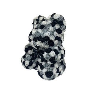 Ursulet Floral Triple color din Trandafiri spuma in cutie cadou, 40 cm, negru- alb- gri
