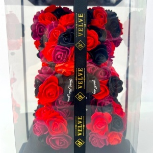 Ursulet floral Triple Color din trandafiri spuma, rosu negru, 25 cm, in cutie transparenta eleganta - Img 2