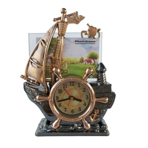 Vapor decorativ cu cârmă, Ceas de Masa Analog si Rama Foto, Maro, 20x25 cm