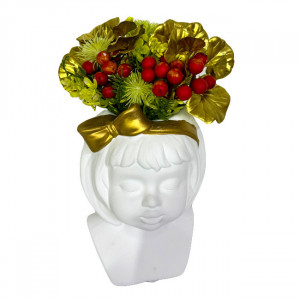 Vaza Girl, din material ceramic, cu aranjament floral artizanal, Alb/Auriu 4