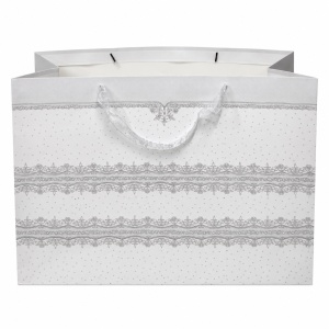 Ambalaj pentru cadouri, punga mare cu model ornamental argintiu si manere din panglica, 50 x 40 x 15 cm, Alb - Img 2