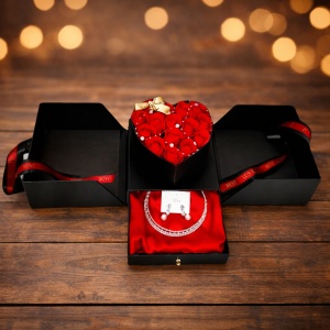 Aranjament de Lux pentru femei Open Heart Box, in cutie exclusivista cu sertar, cu Trandafiri din sapun, perle decorative, set bijuterii cu pietre semipretioase, 18.5x18.5x18 cm
