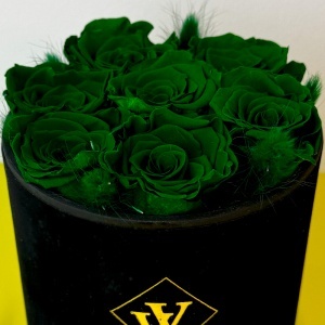 Aranjament floral Eternal Rose cu trandafiri criogenați și lagurus în cutie rotundă, Verde - Img 5