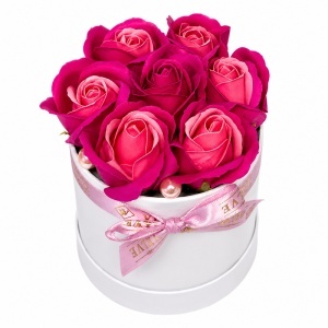 Aranjament floral Glamour Double Color cu 7 trandafiri de sapun bicolor, in cutie rotunda, 16x11 cm, Fucsia-Roz