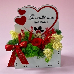 Aranjament floral pentru Mama cu trandafir rosu criogenat, licheni stabilizati si funda satinata, in cutiuta decorativa - Img 5