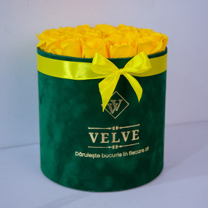 Aranjament floral Radiance, in cutie rotunda verde, cu 25 trandafiri galbeni din sapun