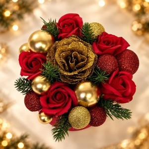 Aranjament Golden Christmas cu 5 trandafiri de sapun, trandafir cu sclipici si globuri, cutie rosie catifelata, 15 cm - Img 2