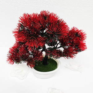 Bonsai decorativ artificial, colorat, in ghiveci miniatural, Pin Desire, Rosu, Inaltime 25 cm1