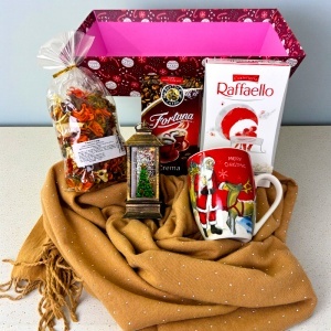 Boo Basket Family, cana si felinar cu tematica de Craciun, praline Raffaello, flori uscate parfumate, cafea Fortuna si esarfa dama Cashmere Sparkle - Img 2
