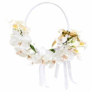 Buchet de mireasa tip cerc „Royal Hoop”, design exclusivist cu orhidee, cale si lacramioare, 40x35 cm - Img 3