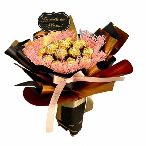 Buchet Delice pentru femei, cu mesaj „La Multi Ani, Maria!”, 19 praline Ferrero Rocher si broom natural criogenat roz - Img 2