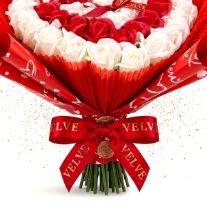 Buchet floral Amore in forma de inima cu trandafiri de sapun si tull cu perlute, inaltime 45 cm, Alb - Rosu - Img 7