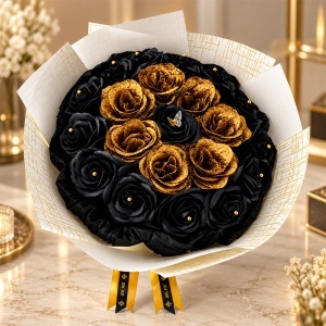 Buchet floral Black & Gold cu 21 trandafiri negri si aurii, decorati cu sclipici, inaltime 50 cm - Img 5