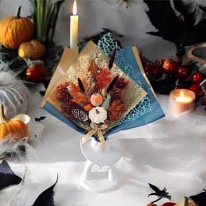 Buchet Floral de Halloween Amber Dream, cu Broom și Lagurus Criogenat, Dovleci, Ghinde și Ciupercuțe - Img 1