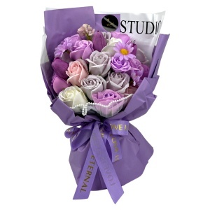 Buchet floral Eternal din flori artizanale, trandafiri si lalele de sapun, 22x30 cm, Lila - Img 3