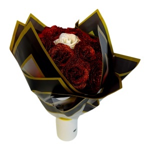 Buchet floral Glitter Red Roses cu 21 trandafiri rosii decorativi premium, 37 cm - Img 4
