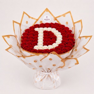 Buchet floral personalizat cu litera din 65 trandafiri de sapun, Rosu- Alb - Img 4