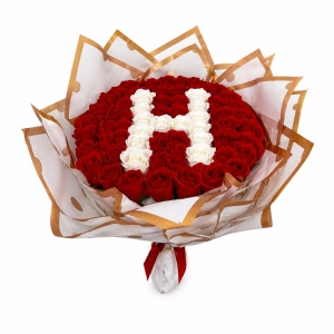 Buchet floral personalizat cu litera din 65 trandafiri de sapun, Rosu- Alb, 50x40 cm - Img 8