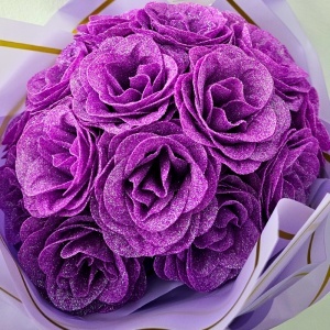 Buchet floral premium Glitter Roses cu 19 trandafiri lila decorativi, 40 cm - Img 2