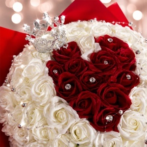 Buchet floral Royal White cu 101 trandafiri de sapun si accesorii decorative, 40 cm - Img 2