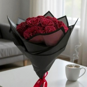 Buchet Glitter Roses cu 19 trandafiri rosii decorativi, buchet premium ambalat elegant, 40 cm - Img 7