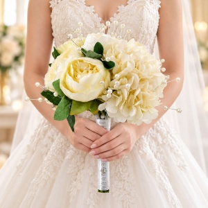 Buchet mireasa elegant Ivory Bloom cu bujori si hortensii artificiale, alb ivoire cu perle