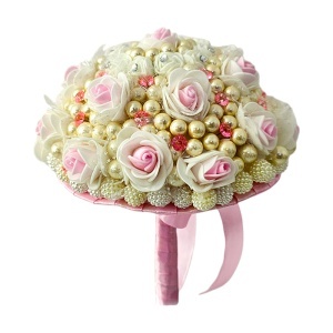 Buchet mireasa elegant Royal Blush cu trandafiri, perle si cristale roz, 25x20 cm - Img 2