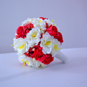 Buchet Mireasa, trandafiri, anemone, stamine si accesorii, alb - rosu