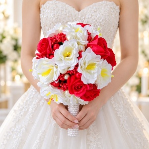 Buchet Mireasa, trandafiri, anemone, stamine si perle artizanale, Alb - Rosu