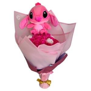 Buchet premium Stitch cu 31 trandafiri de sapun, Roz-Alb