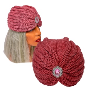 Caciula dama tip turban elegant, cu brosa, Roz