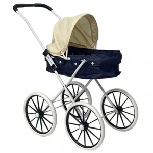 Carucior pentru papusi bleumarin cu crem, cu roti mari, model clasic, 65 cm