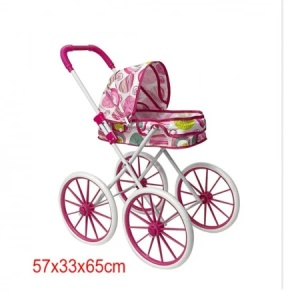 Carucior pentru papusi roz, cu roti mari, model clasic, 65 cm