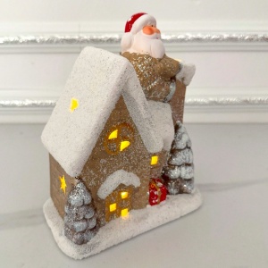 Casa de poveste a Moșului, decoratiune luminoasa de Craciun in forma de casuta acoperita de zapada, cu stelute, 17 x 15 cm, Bej-Alb - Img 6