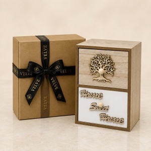 Caseta organizatoare din lemn tip dulapior, 2 sertare, pentru bijuterii, accesorii si cosmetice, Maro-Alb - Img 2