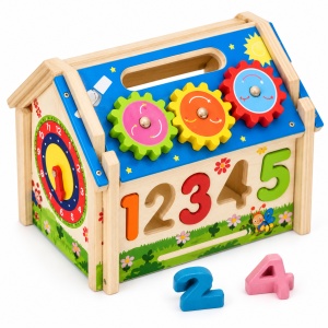 Casuta educativa multifunctionala din lemn, cu puzzle cifre, ceas si roti dintate, 36+ luni - Img 4