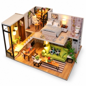 Casuta miniaturala DIY, locuinta moderna pe doua niveluri, mobilier si iluminare LED - Img 3