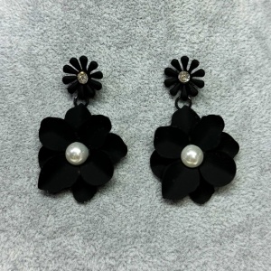 Cercei lungi Theona, design floral, cu tija si pietre artizanale, Negru - Img 5