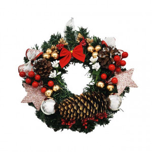 Coronita decorativa din brad, cu fundite, globulete, conuri de brad si pin, Handmade,25 cm2