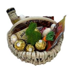Cos cadou de Paste Golden Bunny cu Jack Daniel’s Honey, Ferrero Rocher, Ritter Sport si iepuras decorativ