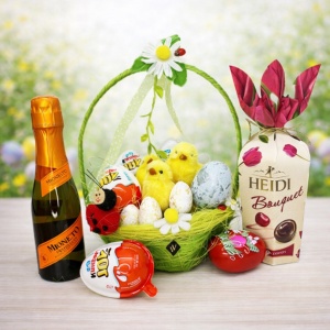 Cos cadou Paste Bunny Spring cu Prosecco Mionetto, Kinder Joy si praline Heidi
