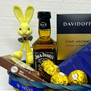 Cos Easter, decoratiune iepure, cafea Davidoff 250gr, whiskey Jack Daniel's 200ml, ciocolata Ferrero Rocher 90gr, praline Ferrero Rocher 50gr, parfum arabesc Urban Men by Louis Varel 90ml, in cos cadou