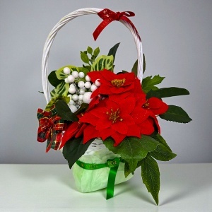 Cos floral Craciunita cu licheni naturali stabilizati, flori artizanale si ornamente de iarna, Rosu-Verde - Img 3