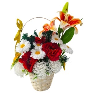 Cos floral decorativ cu crin, mac si margarete artizanale, 35x25 cm