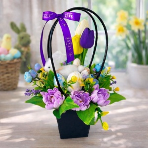 Cosulet decorativ de Paste cu iepuras, lalele si trandafiri de sapun, 33 cm
