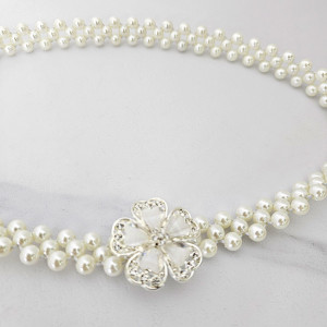 Curea elastica Pearly, catarama metalica decorativa si perle, Silver Flower 2